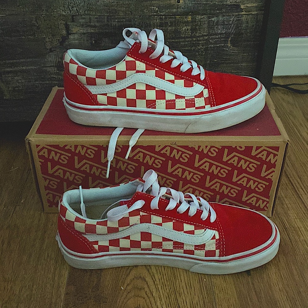 Red and white checkered vans